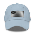 Light Blue dad hat, front view with Black and White American Flag embroidery