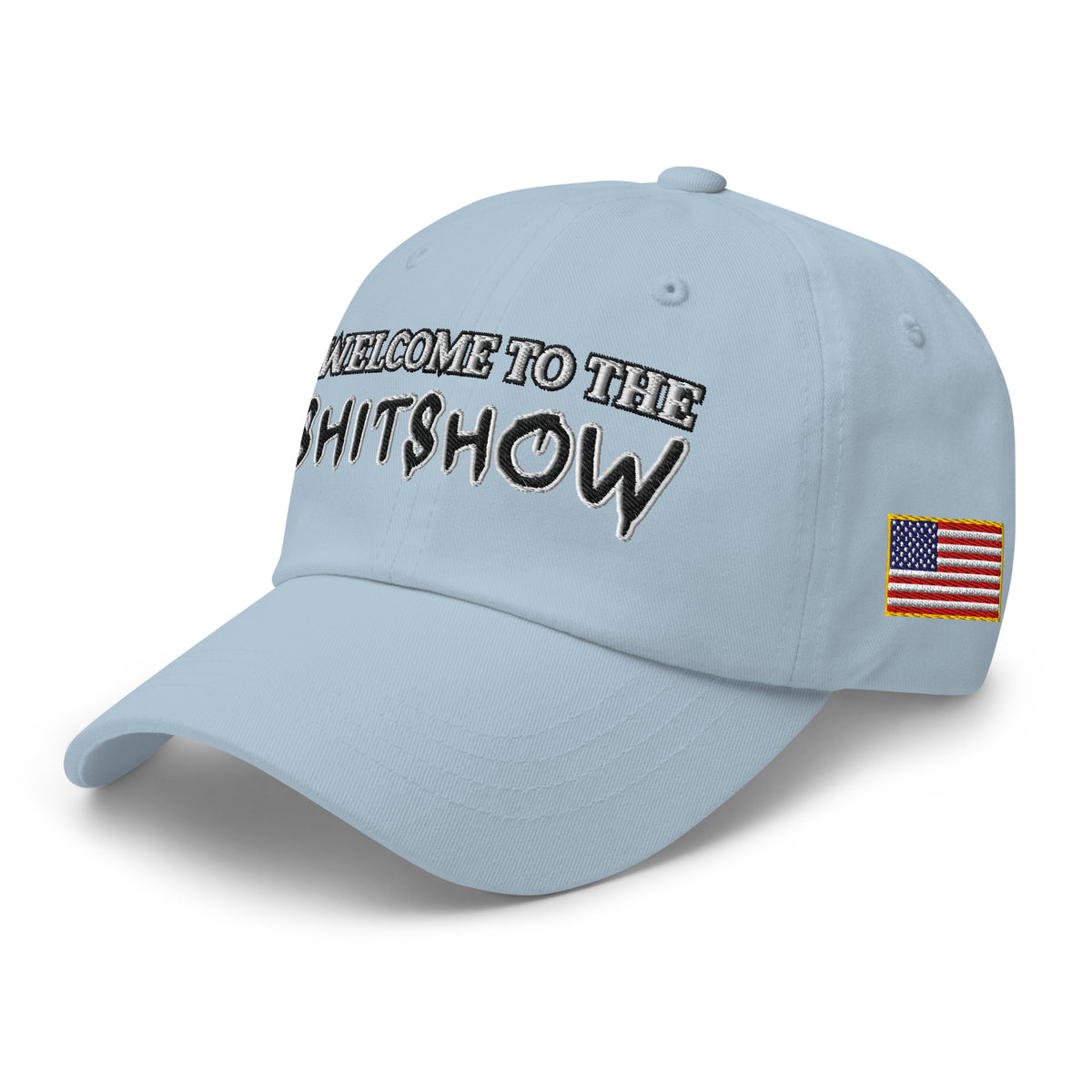 Welcome To The Shitshow Dad hat in Light Blue, left front view