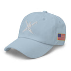 Light Blue, dad hat, with embroidered Call to Arms, left front view