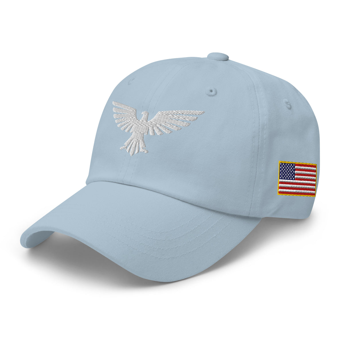 Light Blue, dad hat, with embroidered patriotic eagle crest, left front view