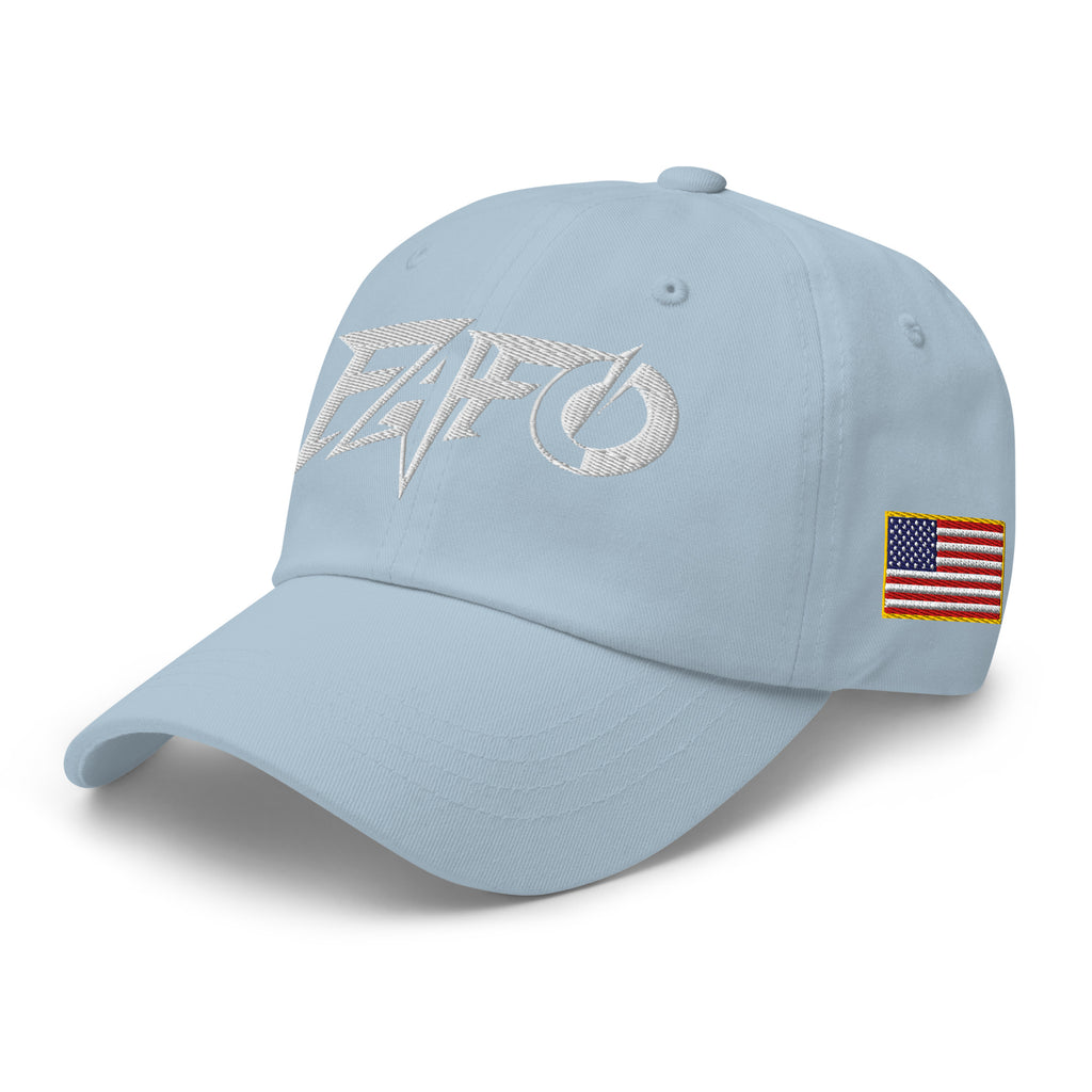 Light Blue dad hat with embroidered FAFO Power design, left front view
