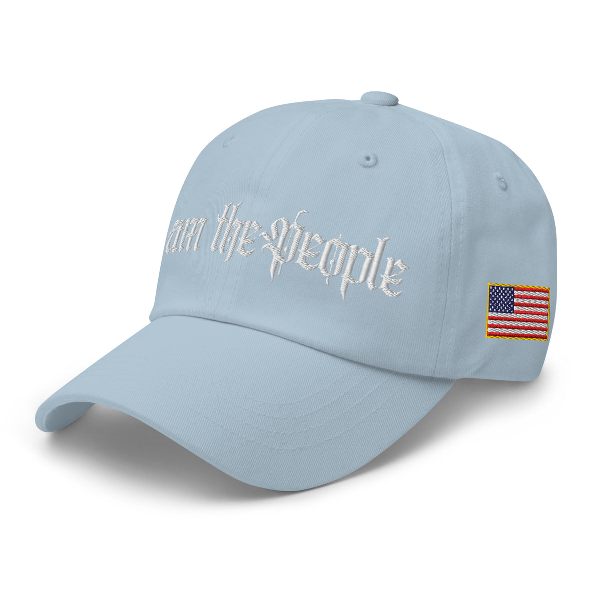 Light Blue low-profile dad hat with embroidered I Am the People design, left front view