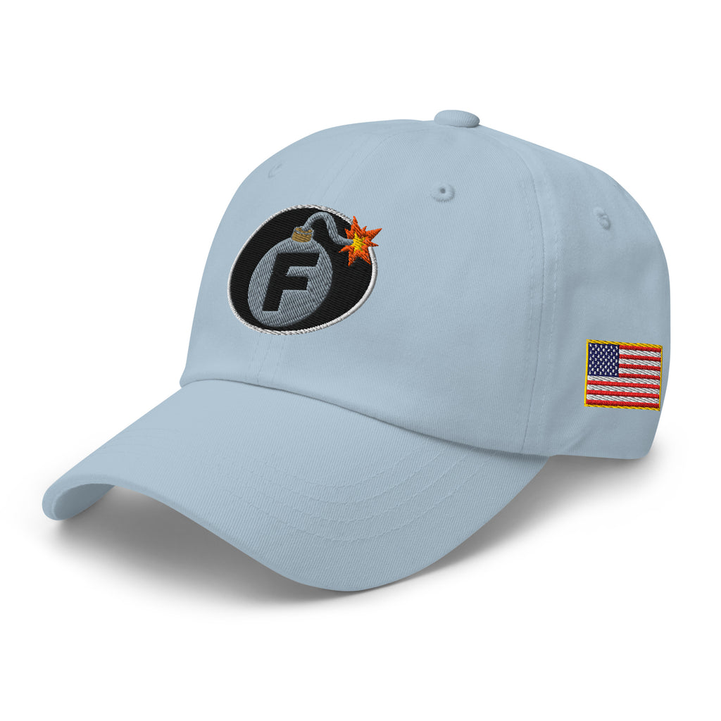 Light Blue low-profile dad hat with embroidered F-Bomb design, left front view
