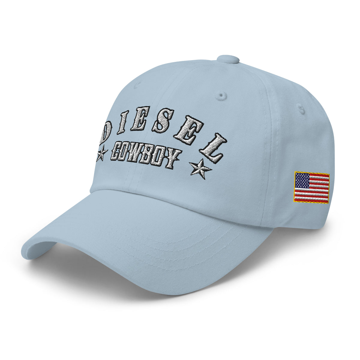 Light Blue low-profile dad hat with embroidered Diesel Cowboy design, left front view