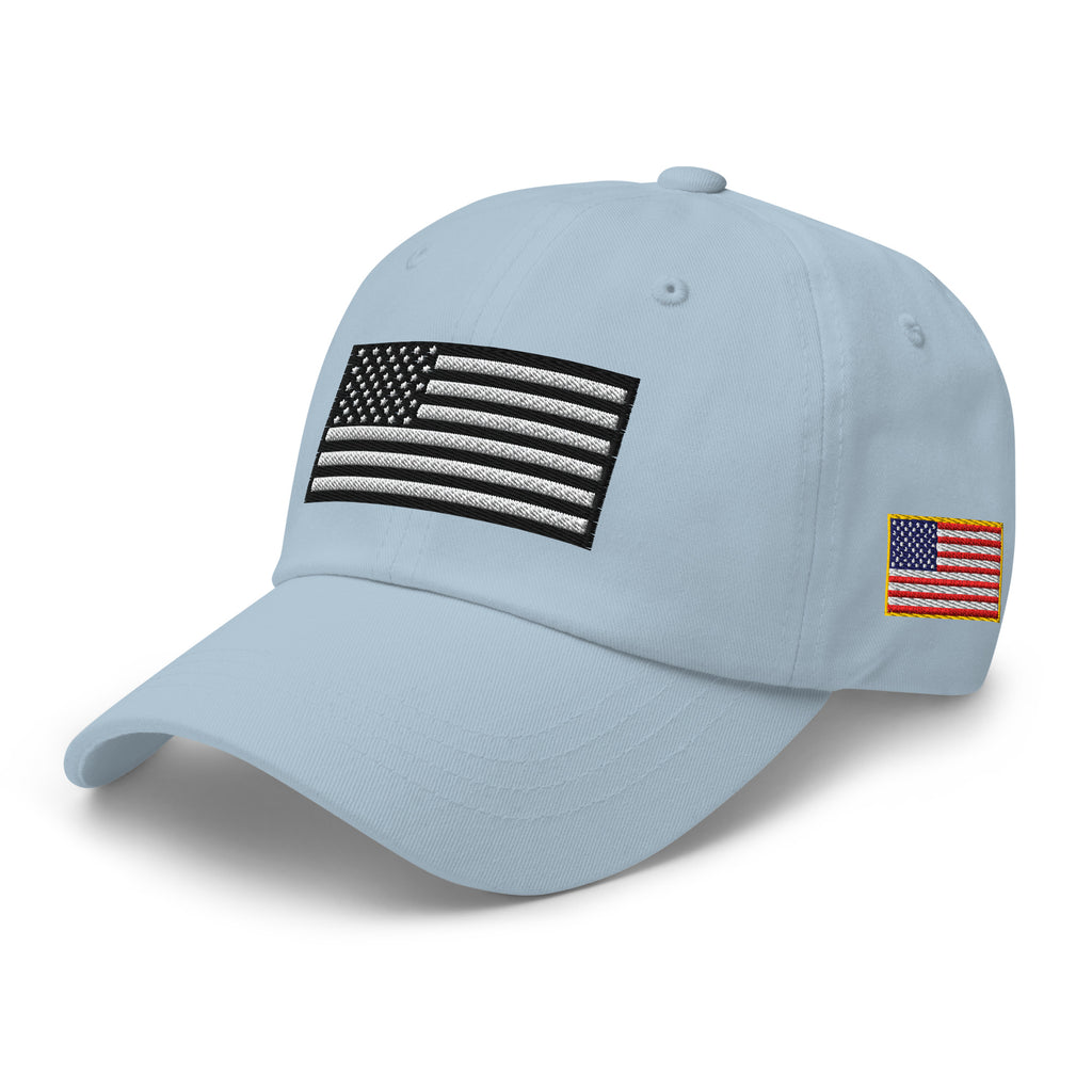 Light Blue dad hat, left front view with Black and White American Flag embroidery