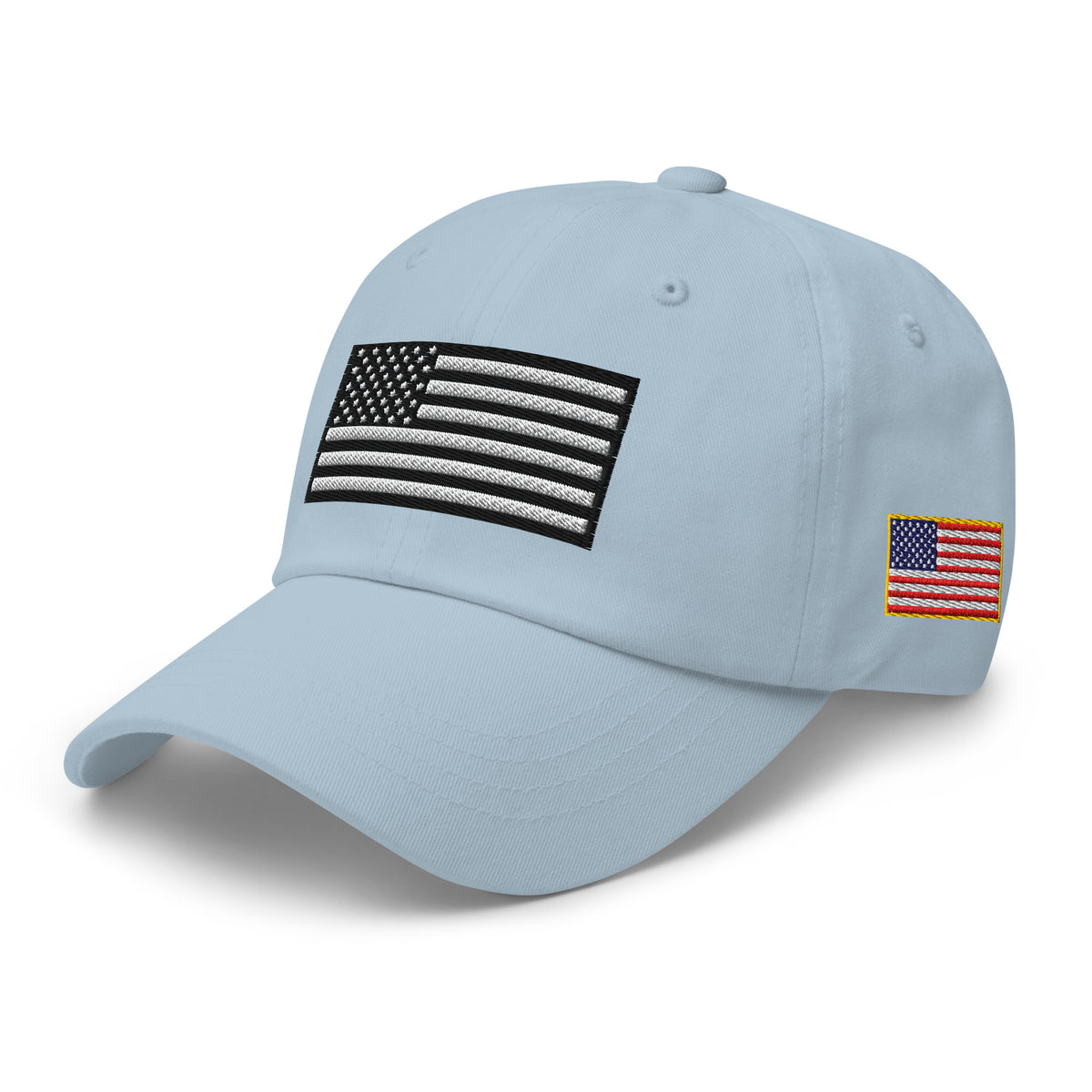 Light Blue dad hat, left front view with Black and White American Flag embroidery