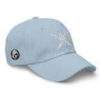 Light Blue, dad hat, with embroidered Call to Arms, right front view