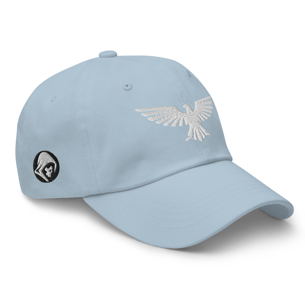 Light Blue, dad hat, with embroidered patriotic eagle crest, right front view