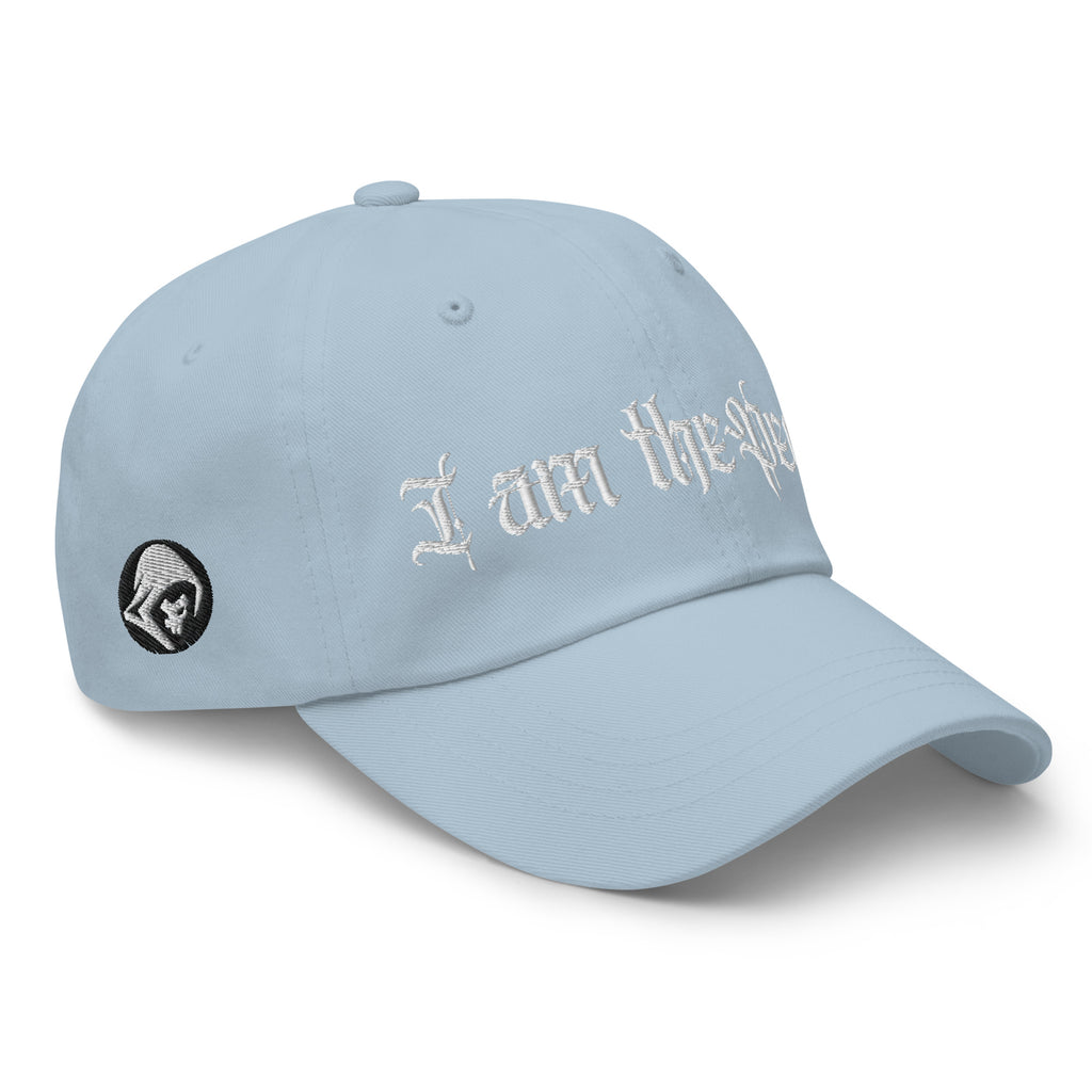 Light Blue low-profile dad hat with embroidered I Am the People design, right front view
