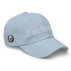 Light Blue low-profile dad hat with embroidered I Am the People design, right front view