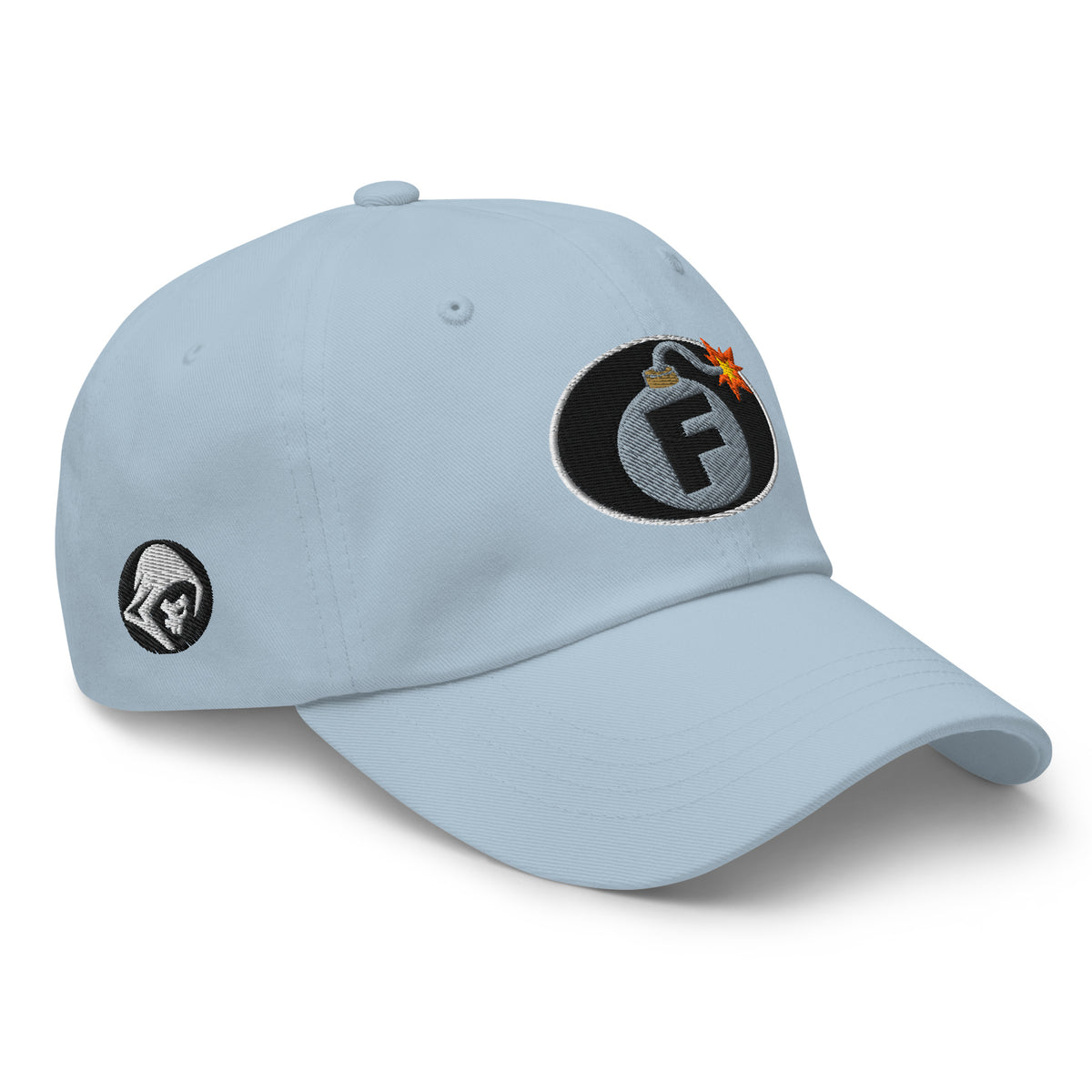 Light Blue low-profile dad hat with embroidered F-Bomb design, right front view