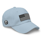 Light Blue dad hat, right front view with Black and White American Flag embroidery