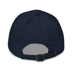 Navy dad hat with embroidered INFIDEL War Pig design, back view