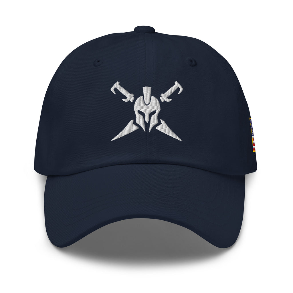 Navy, dad hat, with embroidered Call to Arms, front view