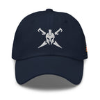 Navy, dad hat, with embroidered Call to Arms, front view