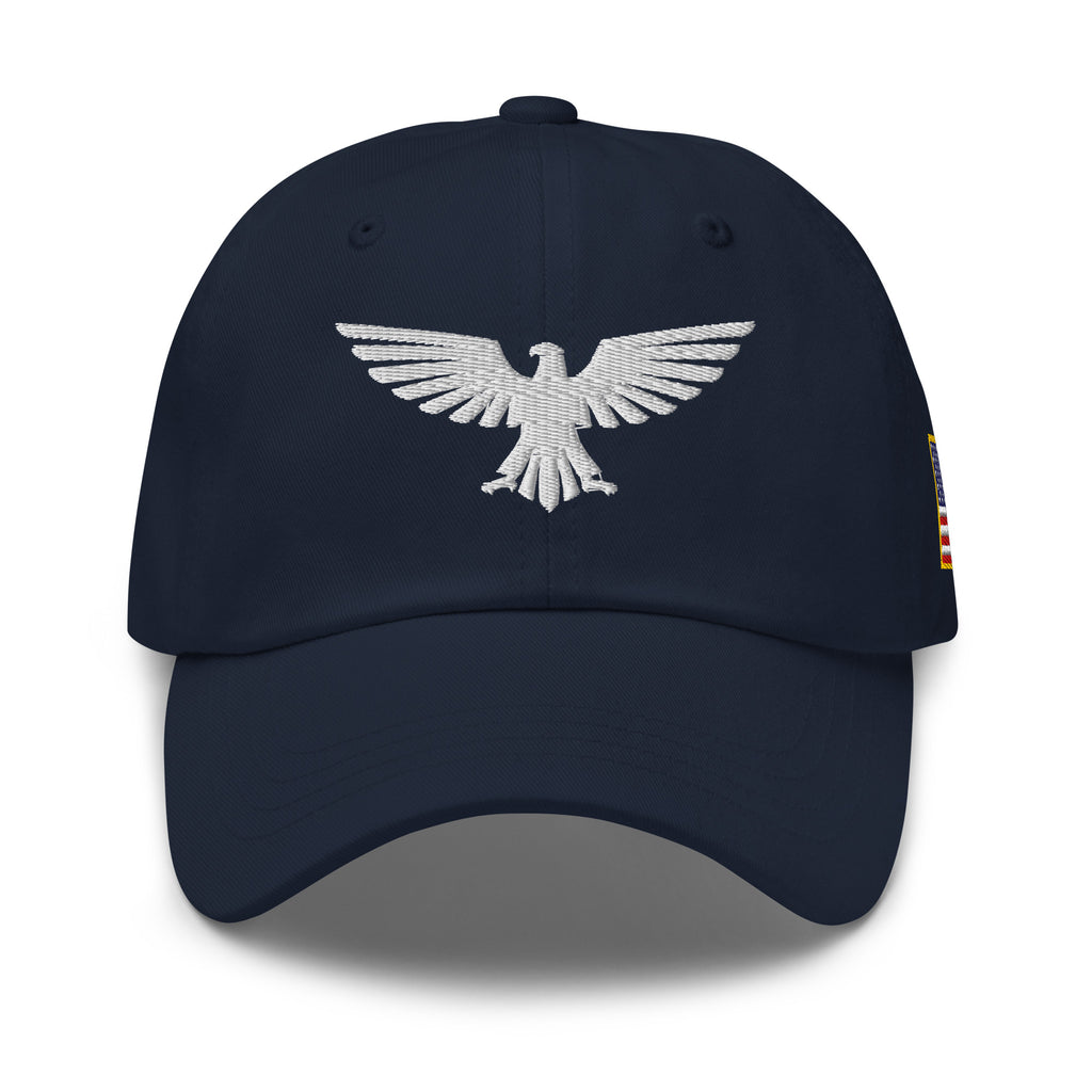 Navy, dad hat, with embroidered patriotic eagle crest, front view