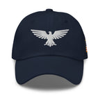Navy, dad hat, with embroidered patriotic eagle crest, front view
