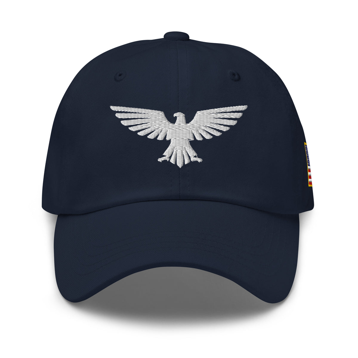 Navy, dad hat, with embroidered patriotic eagle crest, front view
