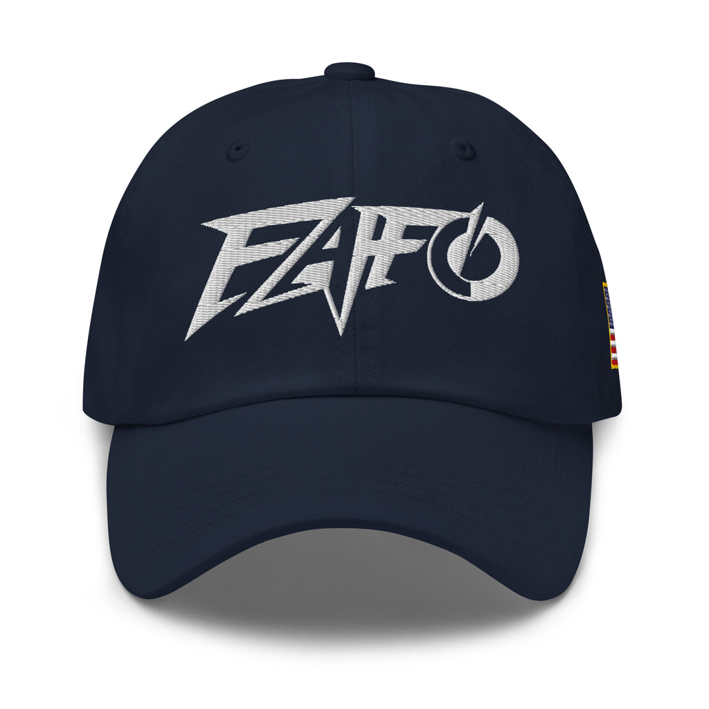 Navy dad hat with embroidered FAFO Power design, front view
