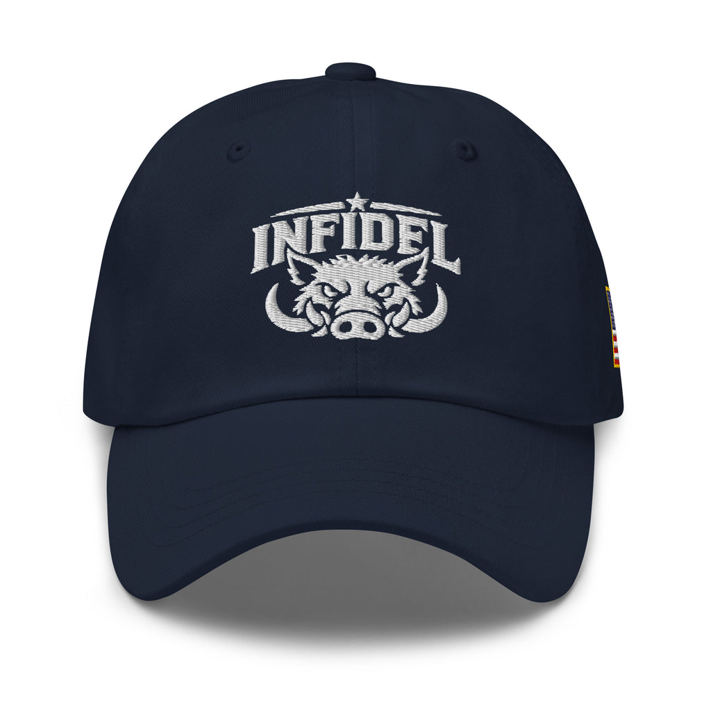 Navy dad hat with embroidered INFIDEL War Pig design, front view