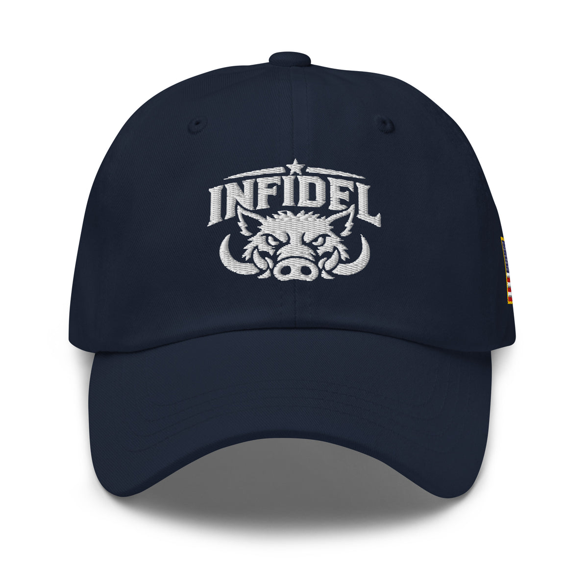 Navy dad hat with embroidered INFIDEL War Pig design, front view