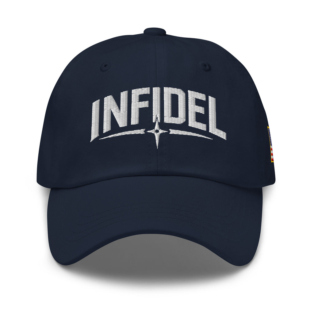 Navy dad hat with embroidered Infidel Spike design, front view