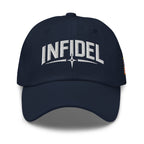 Navy dad hat with embroidered Infidel Spike design, front view