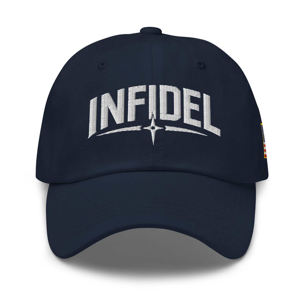Navy dad hat with embroidered Infidel Spike design, front view
