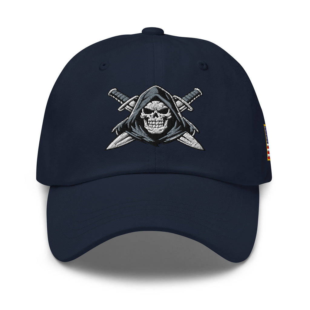 Navy dad hat with embroidered Only Fear Infidel reaper design, front view