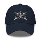 Navy dad hat with embroidered Only Fear Infidel reaper design, front view