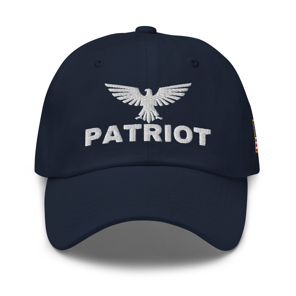 Navy dad hat with embroidered Patriot Eagle design, front view