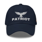Navy dad hat with embroidered Patriot Eagle design, front view