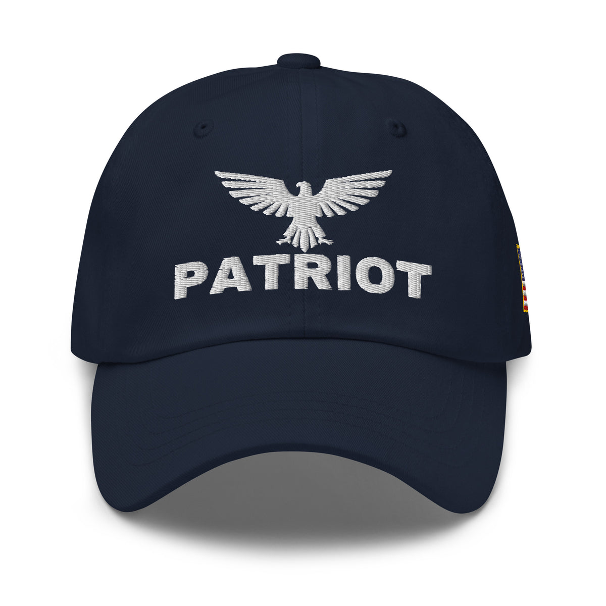 Navy dad hat with embroidered Patriot Eagle design, front view
