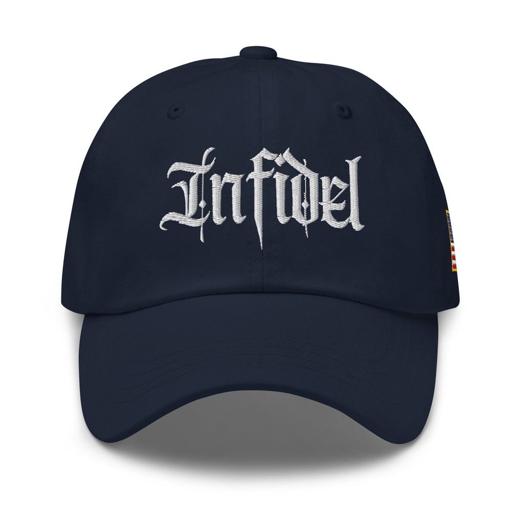 Navy dad hat with embroidered Infidel Script design, front view