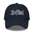 Navy dad hat with embroidered Infidel Script design, front view