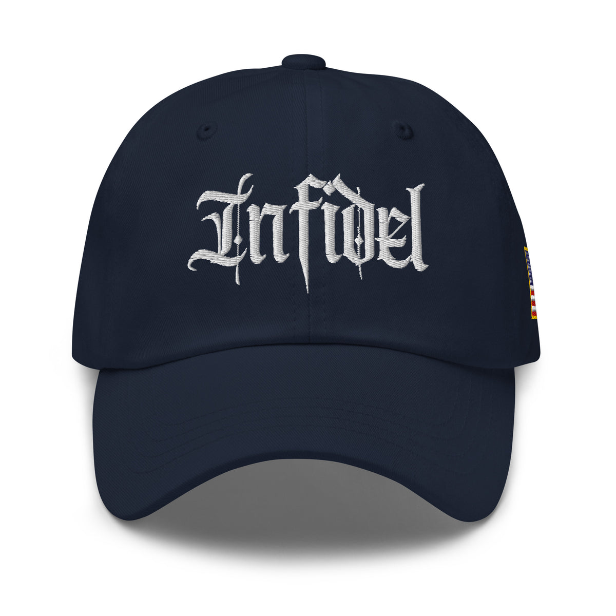 Navy dad hat with embroidered Infidel Script design, front view