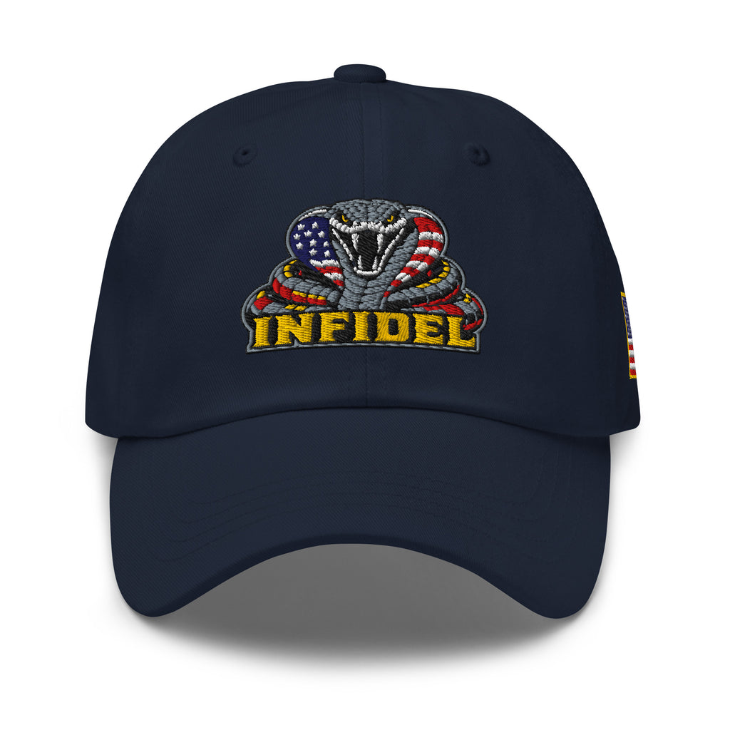 Navy low-profile dad hat with embroidered INFIDEL USA Flag Cobra front design, front view