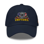 Navy low-profile dad hat with embroidered INFIDEL USA Flag Cobra front design, front view
