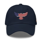 Navy low-profile dad hat with embroidered Old Glory Eagle front design, front view