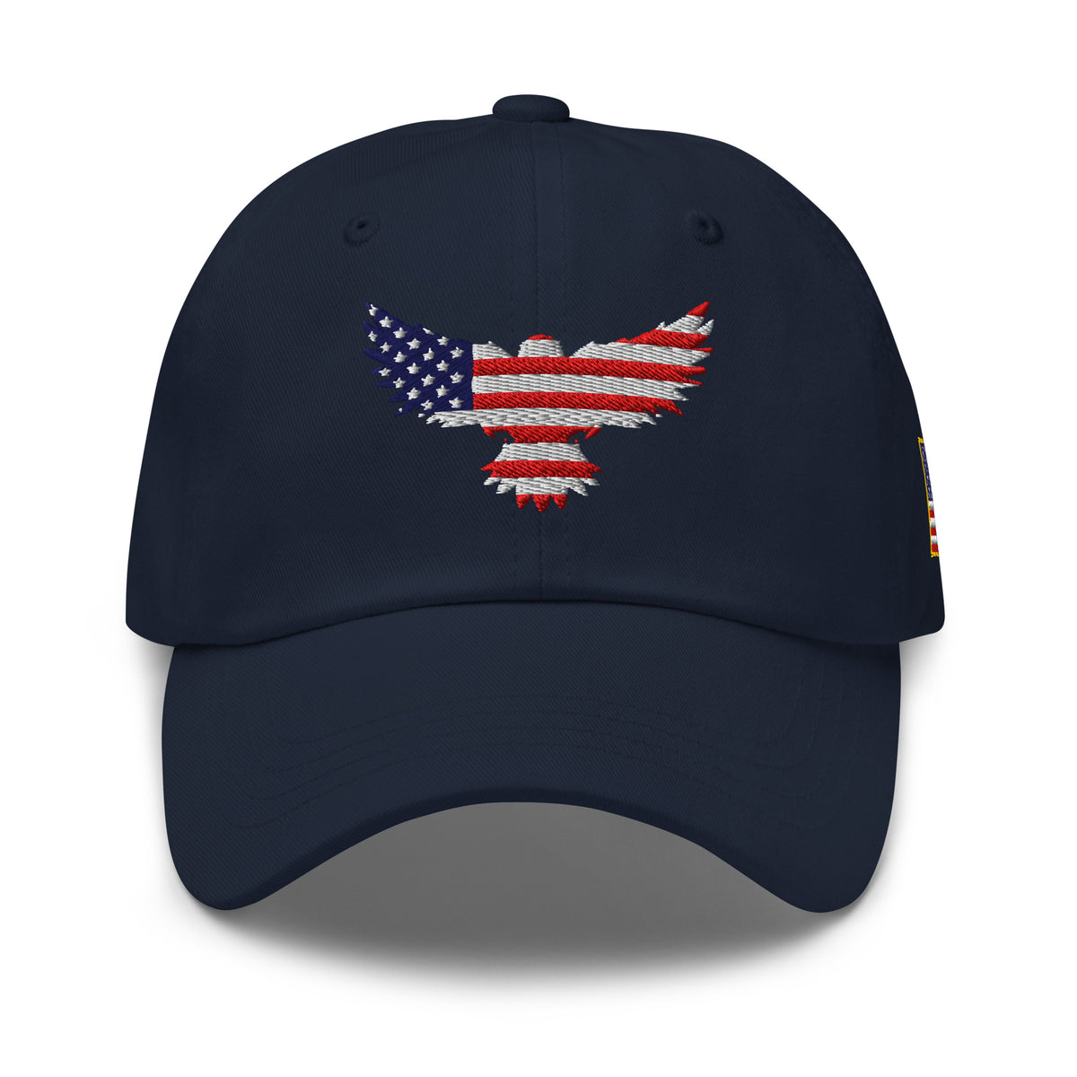 Navy low-profile dad hat with embroidered Old Glory Eagle front design, front view