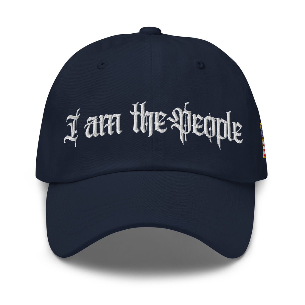 Navy low-profile dad hat with embroidered I Am the People front design, front view