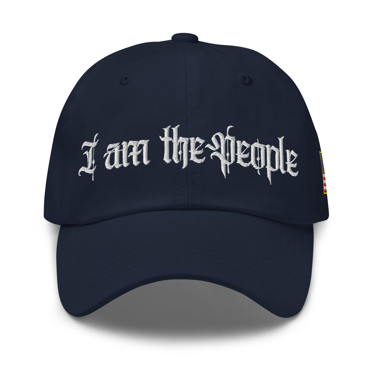 Navy low-profile dad hat with embroidered I Am the People front design, front view