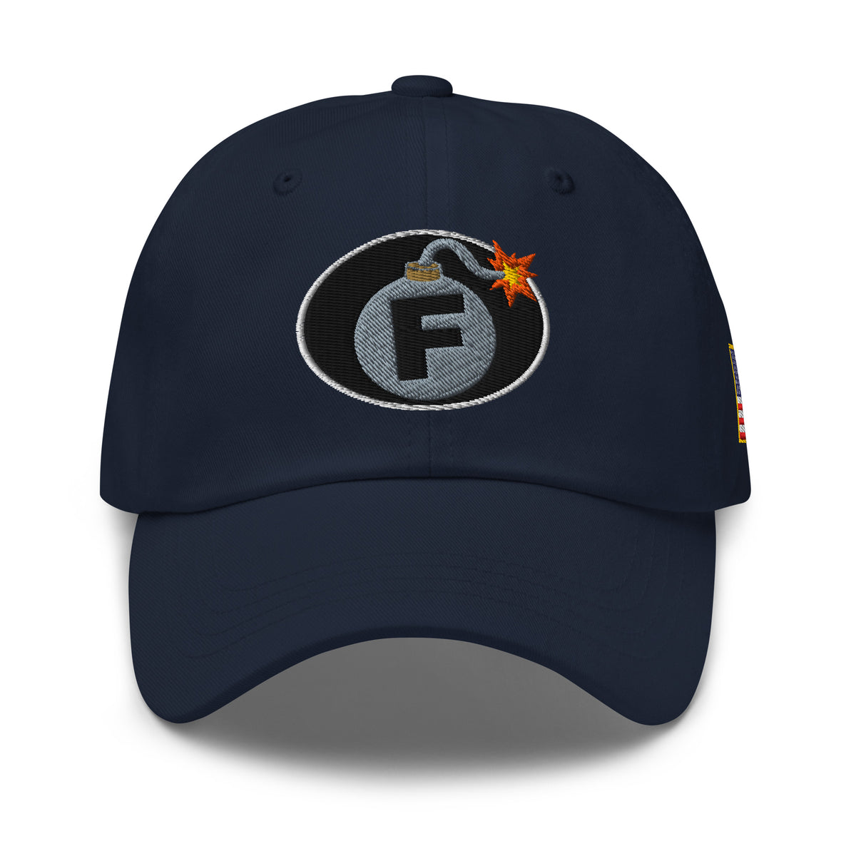 Navy low-profile dad hat with embroidered F-Bomb front design, front view