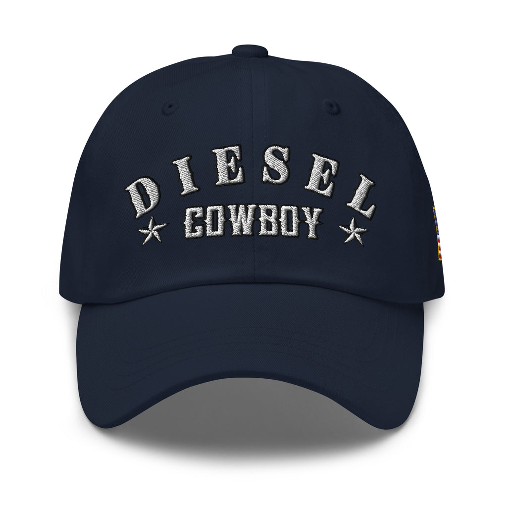 Navy low-profile dad hat with embroidered Diesel Cowboy front design, front view