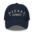 Navy low-profile dad hat with embroidered Diesel Cowboy front design, front view