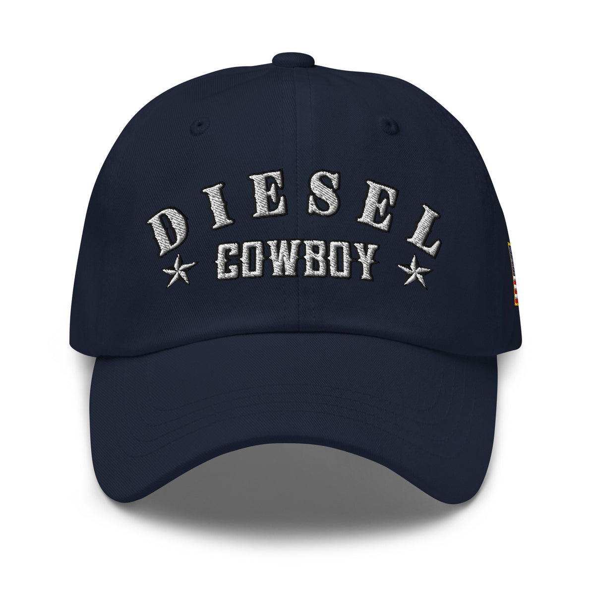 Navy low-profile dad hat with embroidered Diesel Cowboy front design, front view