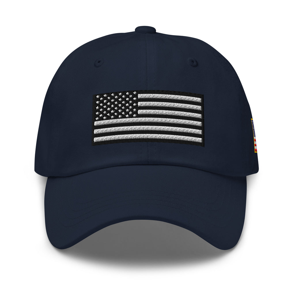 Navy dad hat, front view with Black and White American Flag embroidery