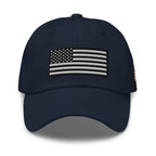 Navy dad hat, front view with Black and White American Flag embroidery