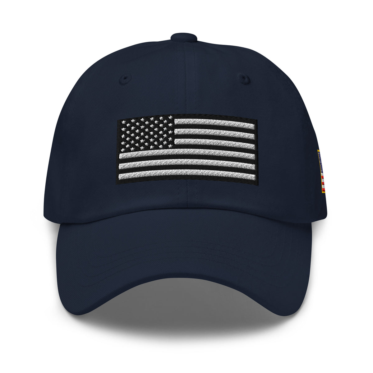 Navy dad hat, front view with Black and White American Flag embroidery