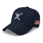 Navy, dad hat, with embroidered Call to Arms, left front view